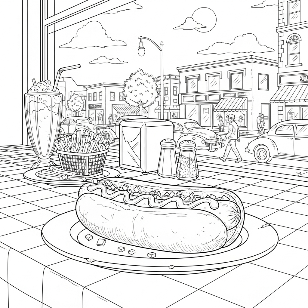 Realistic Hot Dog Coloring Page on a Restaurant Plate coloring page printable
