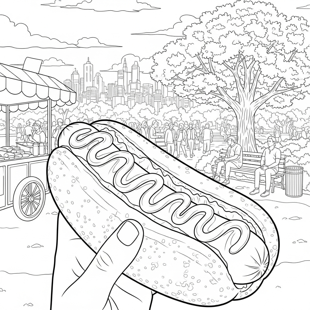 Página para Colorir: Cachorro-Quente Realista com Mostarda e Ketchup coloring page printable