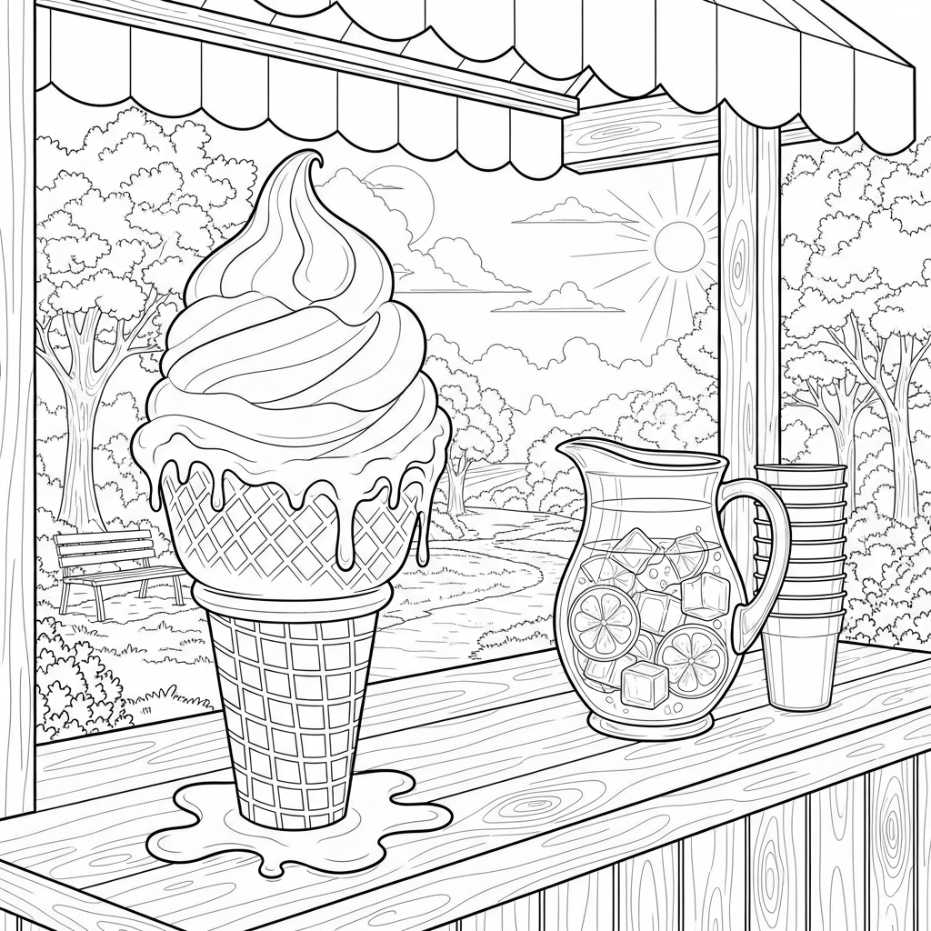 Coloriage de Cornet de Glace Réaliste à Côté d'un Stand de Limonade coloring page printable