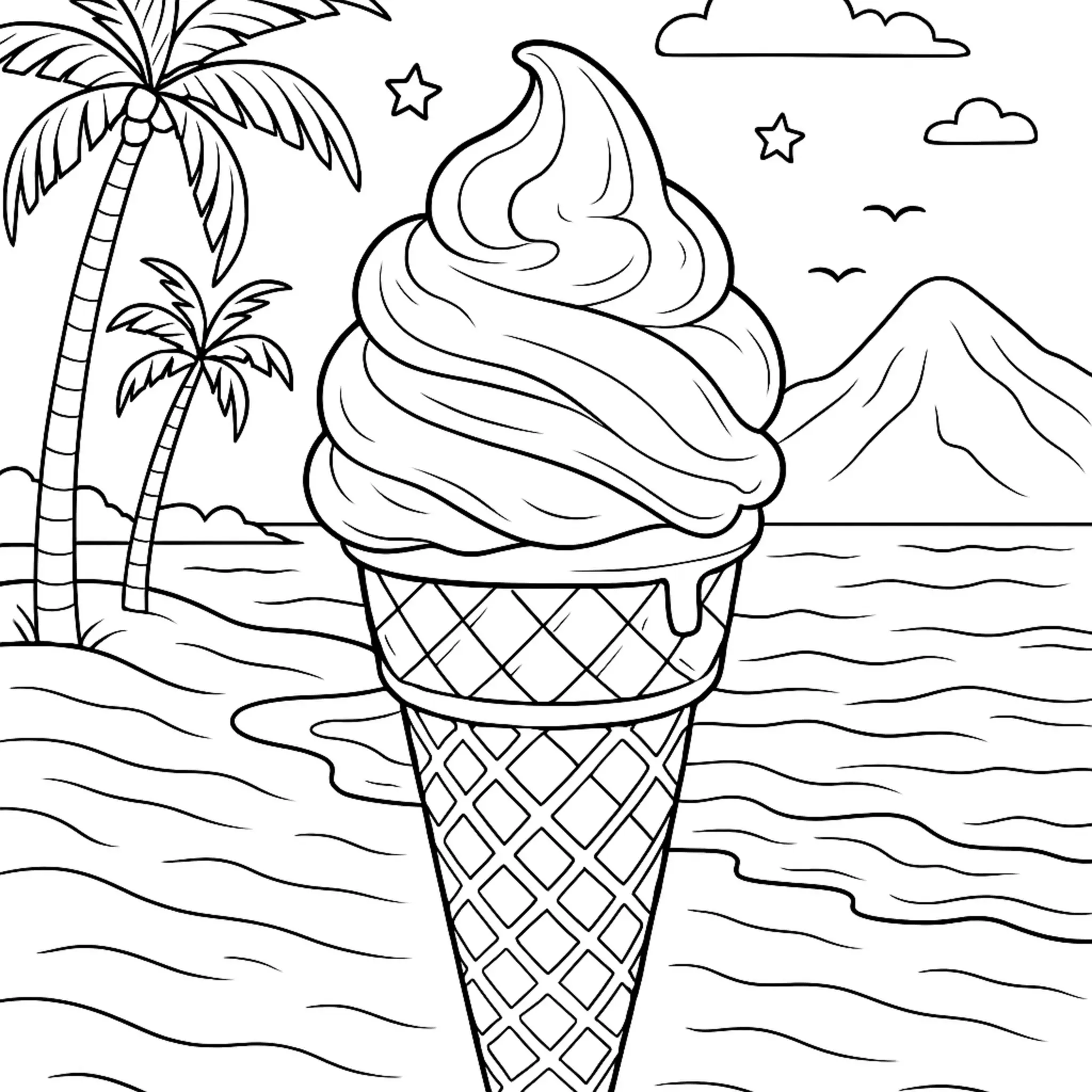 Desenho para Colorir de Cones de Sorvete Realistas na Praia coloring page printable