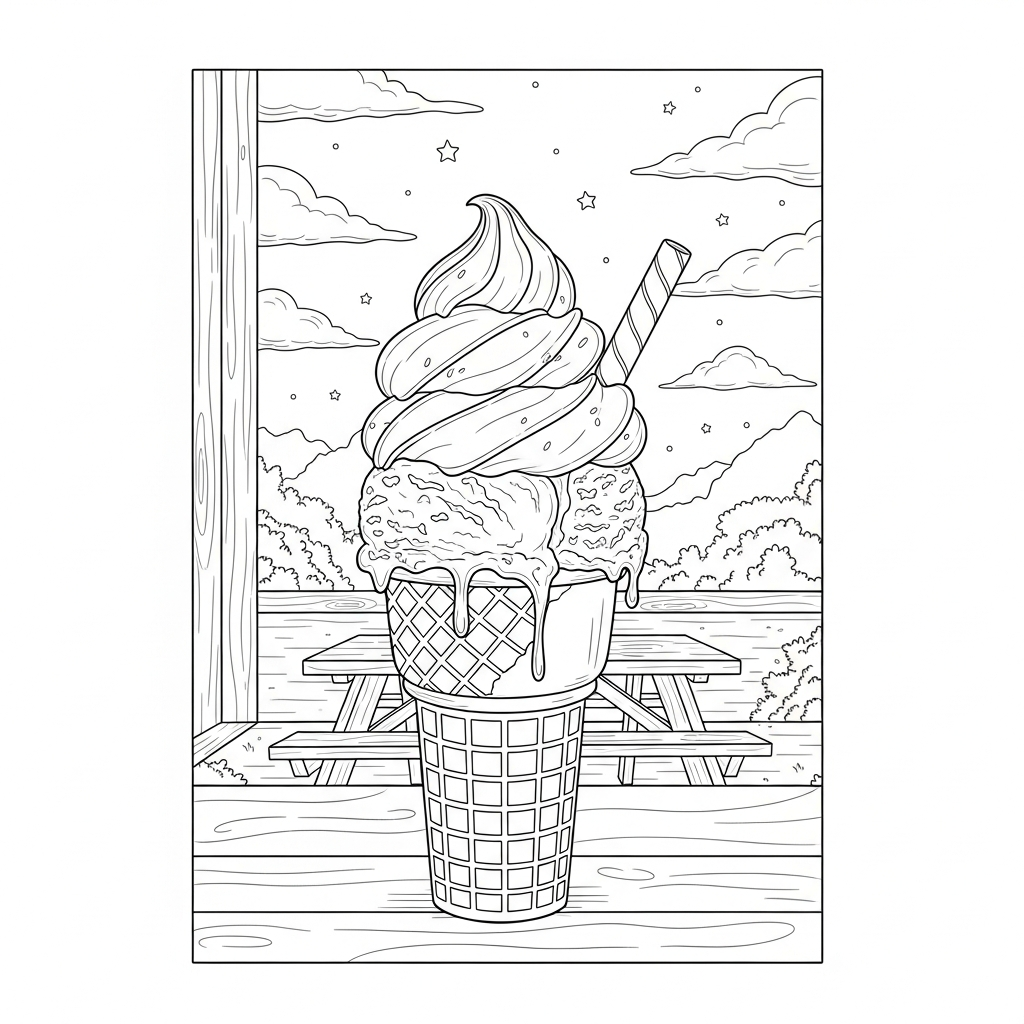 Página para Colorear: Cono de Helado Realista Duro en Mesa de Picnic coloring page printable