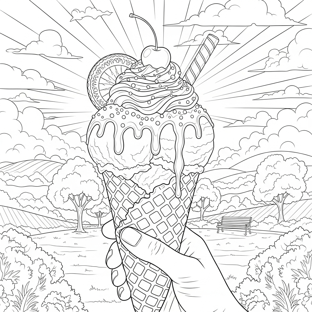 Realistic Ice Cream Cone Coloring Page with Tasty Toppings coloring page printable