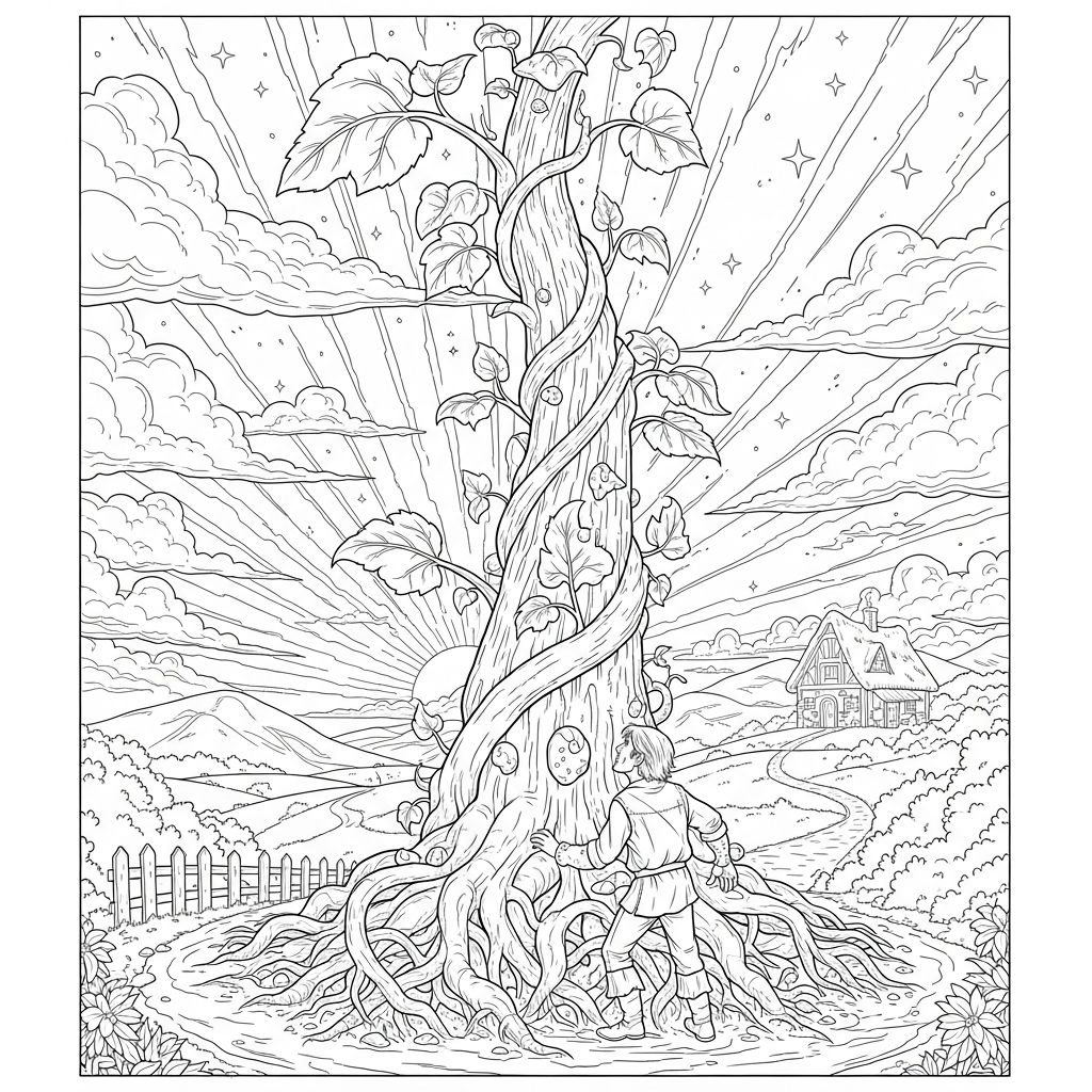 Challenging Realistic Jack Under The Giant Beanstalk Coloring Page coloring page printable