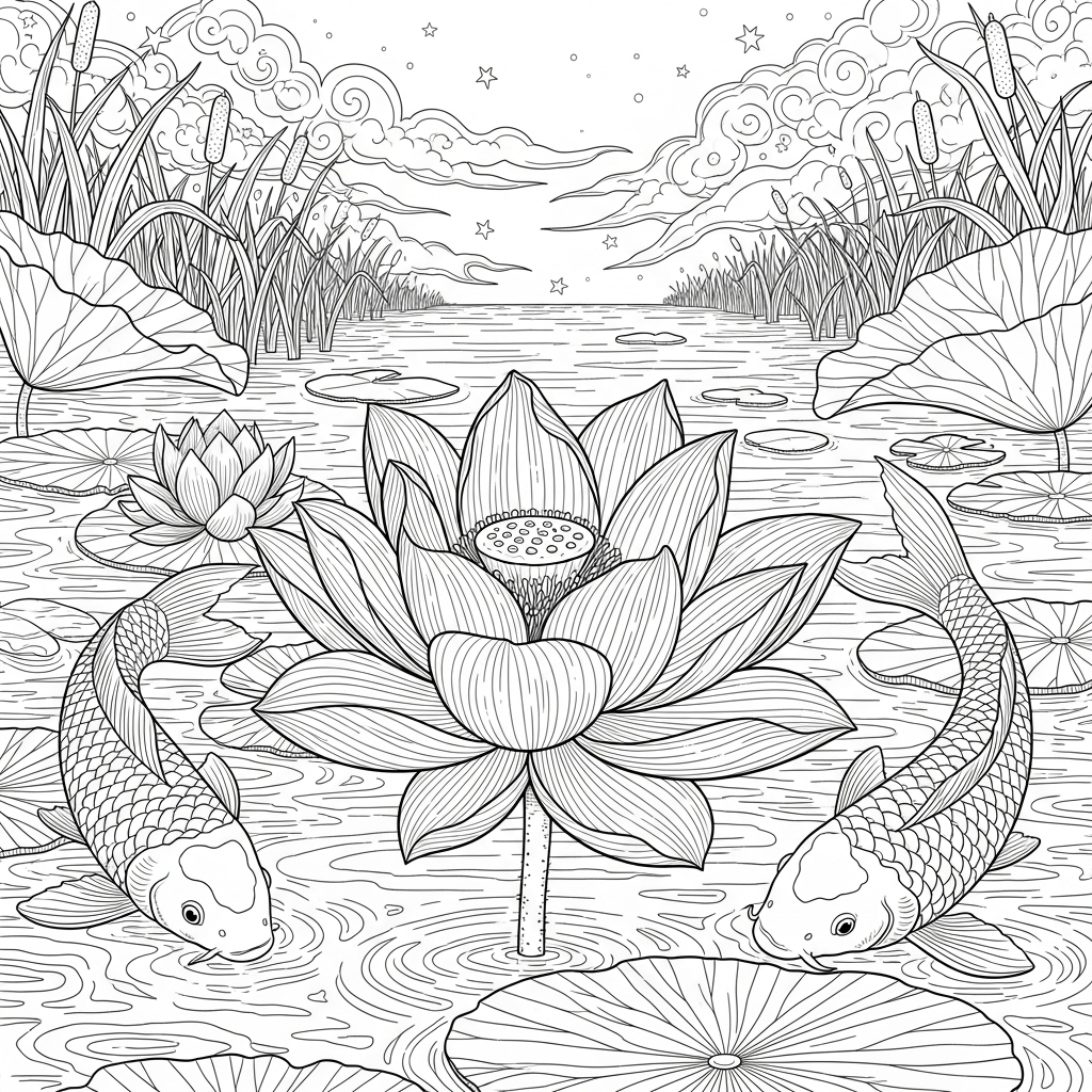 Intricate Lotus Flower and Koi Fish Coloring Page coloring page printable