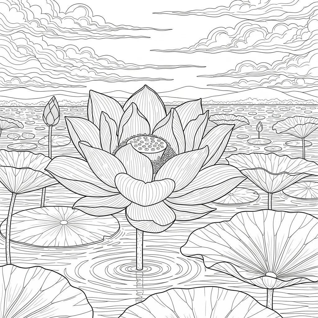 Koloriere eine beeindruckende Lotusblume im Teich - Anspruchsvolle Ausmalvorlage coloring page printable
