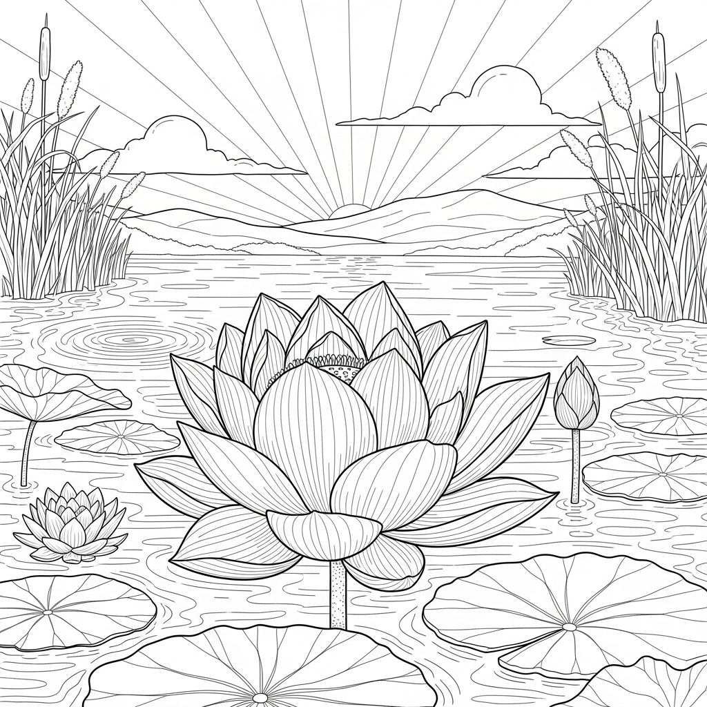 Moeilijke Realistische Lotusbloem In Een Sereniteit Natuurscène Kleurplaat coloring page printable