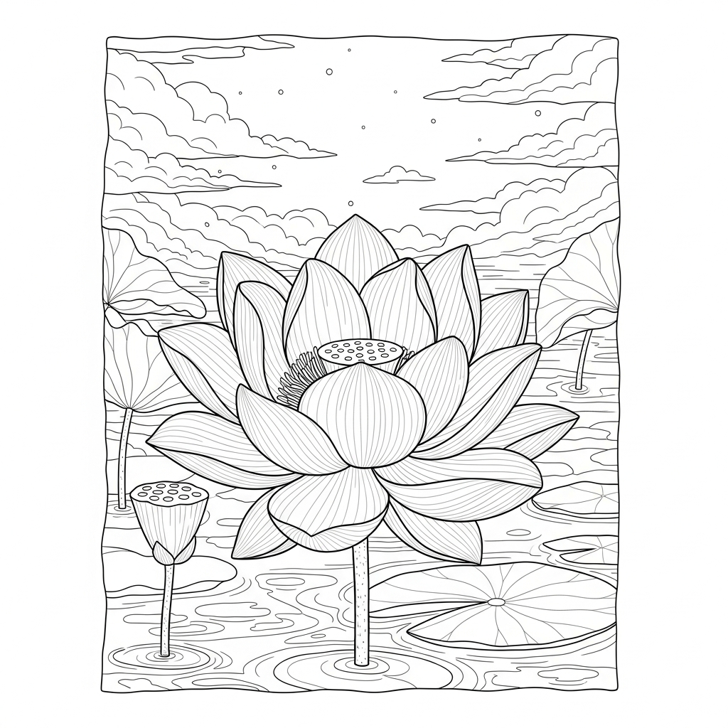 Realistic Lotus Flower Coloring Page in Tropical Pond coloring page printable