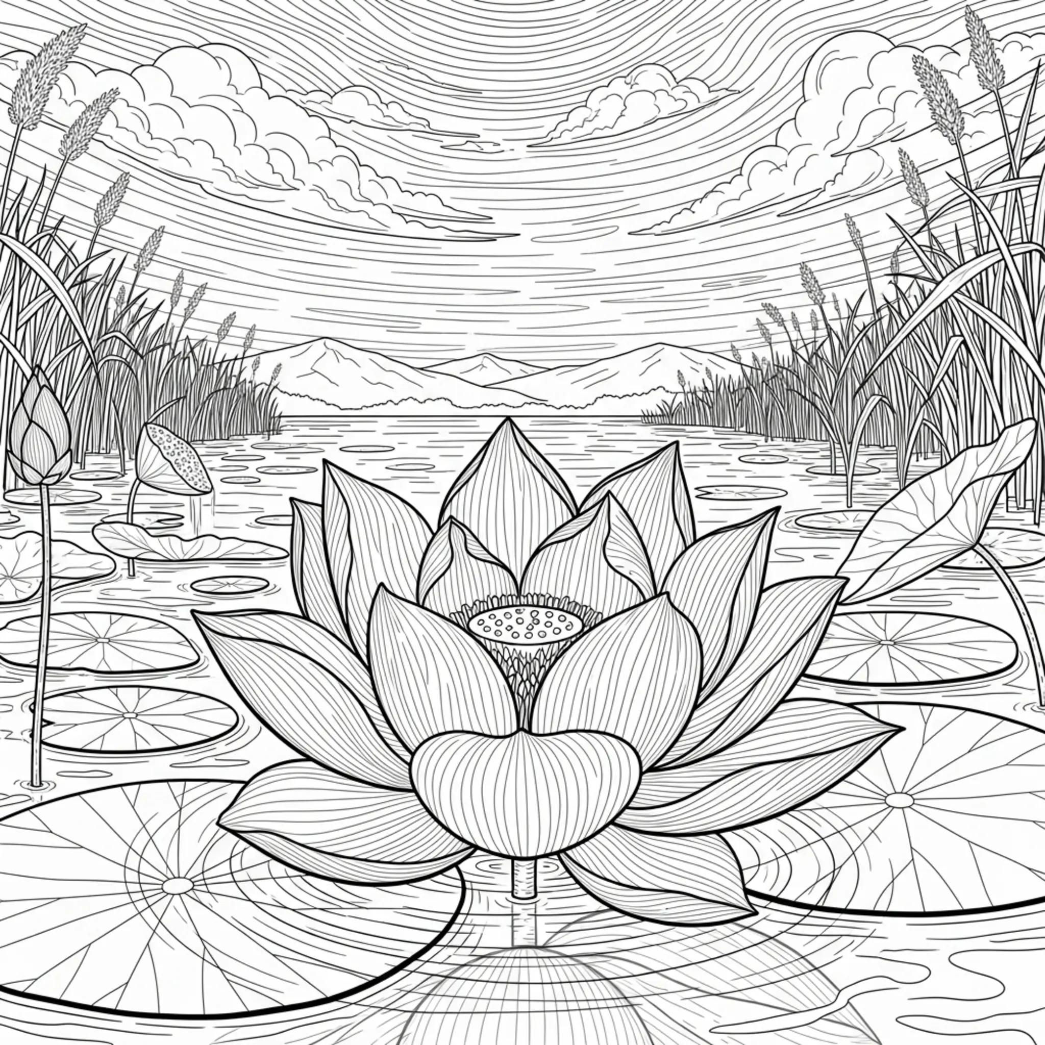 Páginas para Colorir: Flor de Lótus Realista Difícil em um Lago Tranquilo coloring page printable