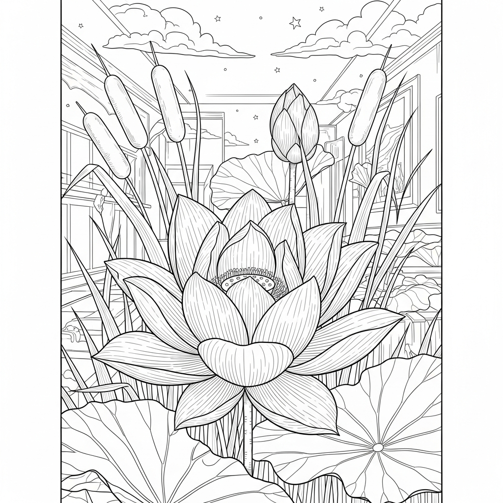 Page à Colorier: Lotus Réaliste Entouré de Roseaux coloring page printable