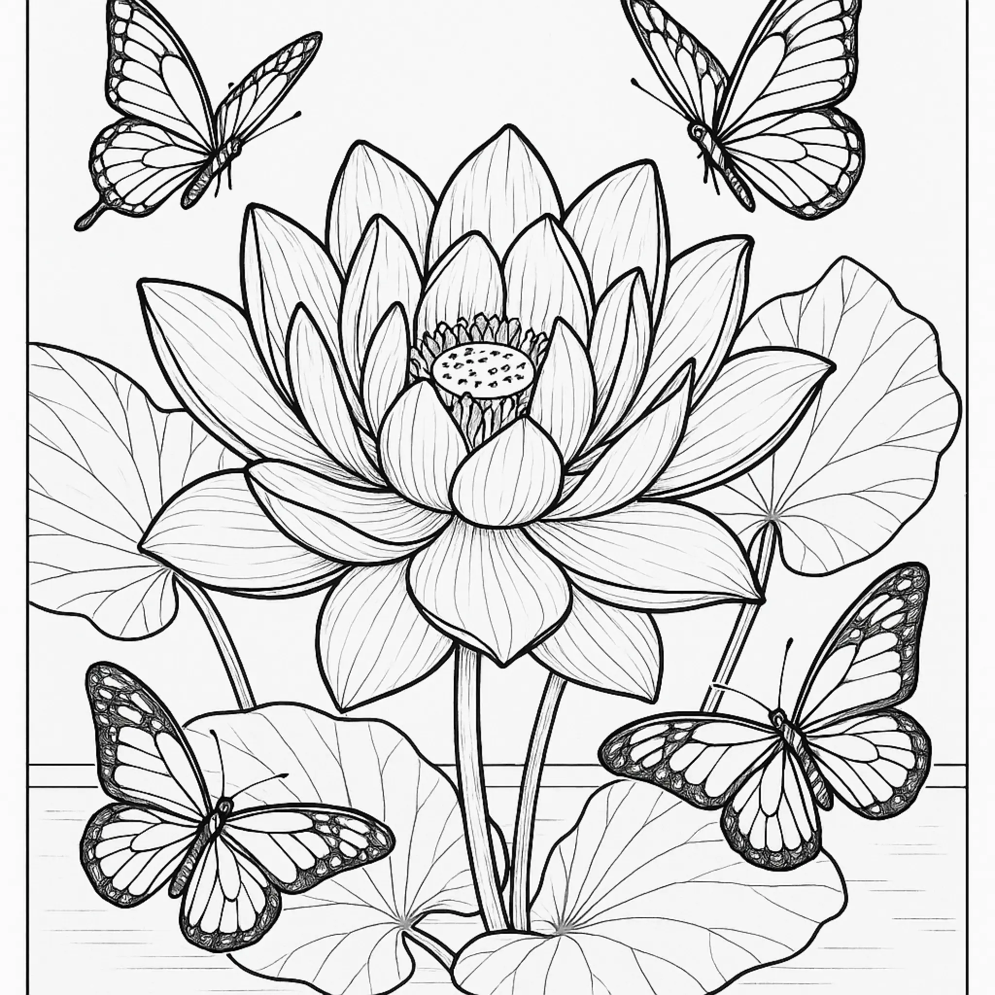 Página para Colorir Flor de Lótus Realista Difícil com Borboletas coloring page printable