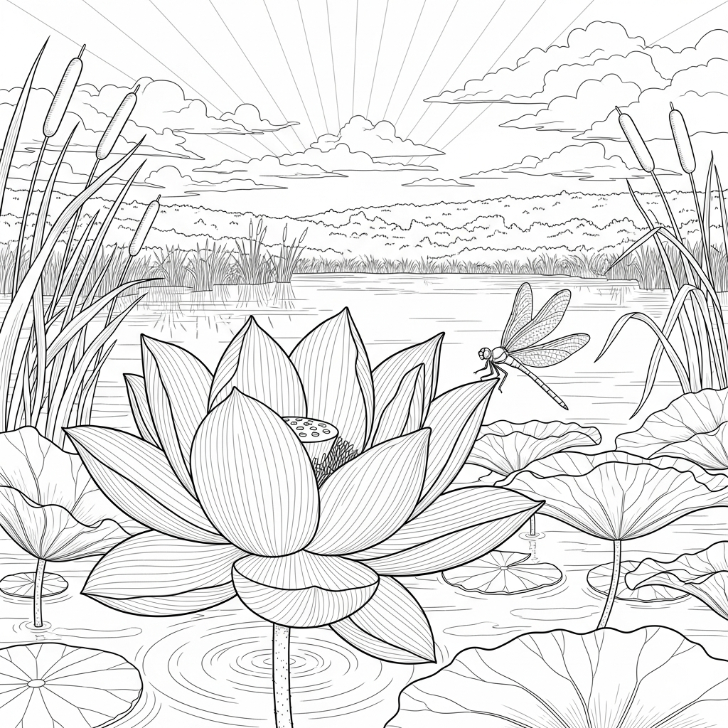Challenging Realistic Lotus Flower and Dragonfly Coloring Page coloring page printable