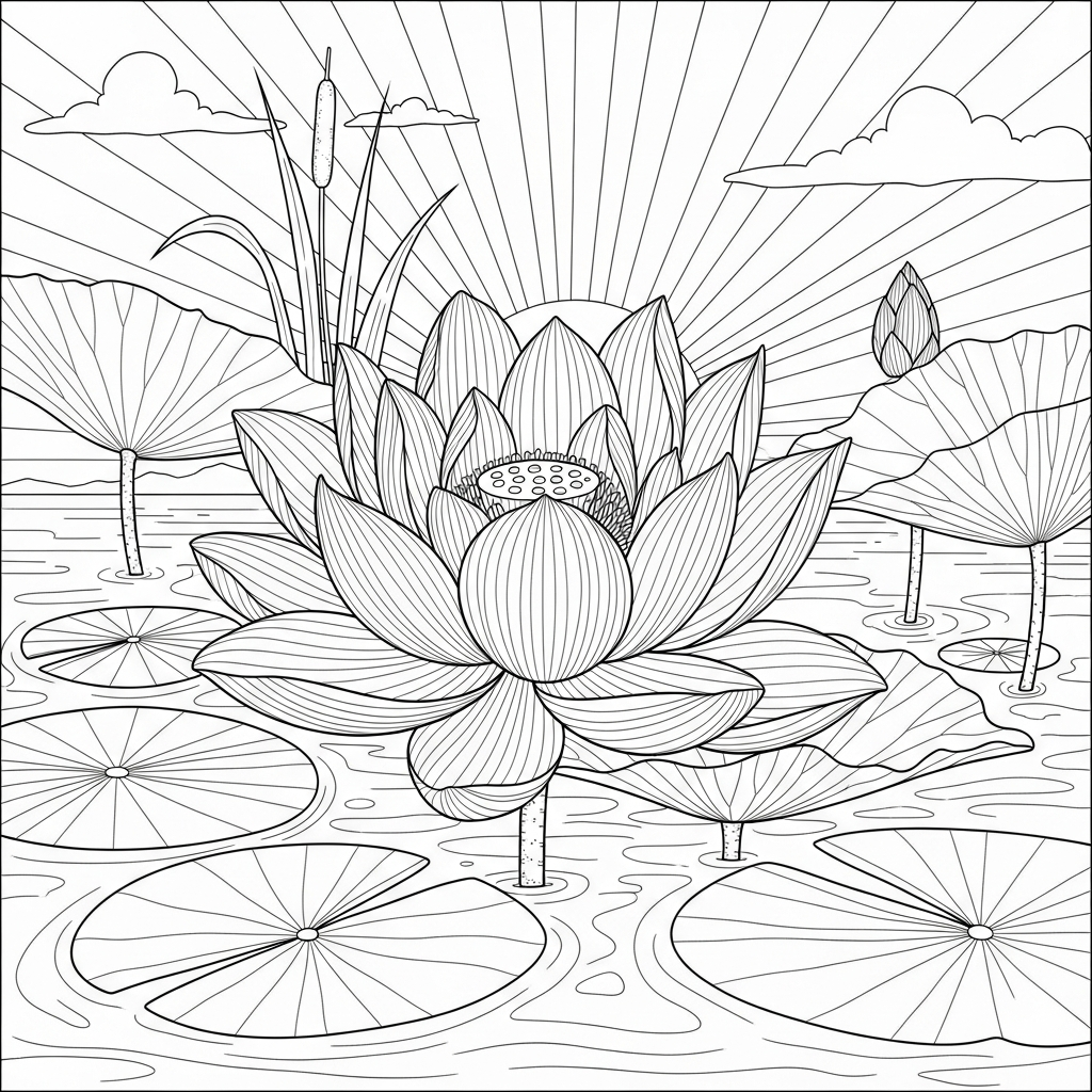 Página de Pintura: Lótus Realista Difícil com Folhas de Lírio coloring page printable