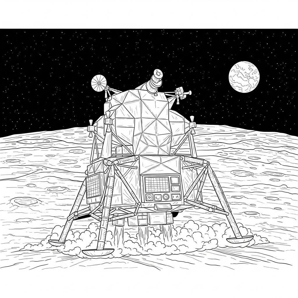 Página para Colorir do Módulo Lunar Realista na Superfície da Lua coloring page printable