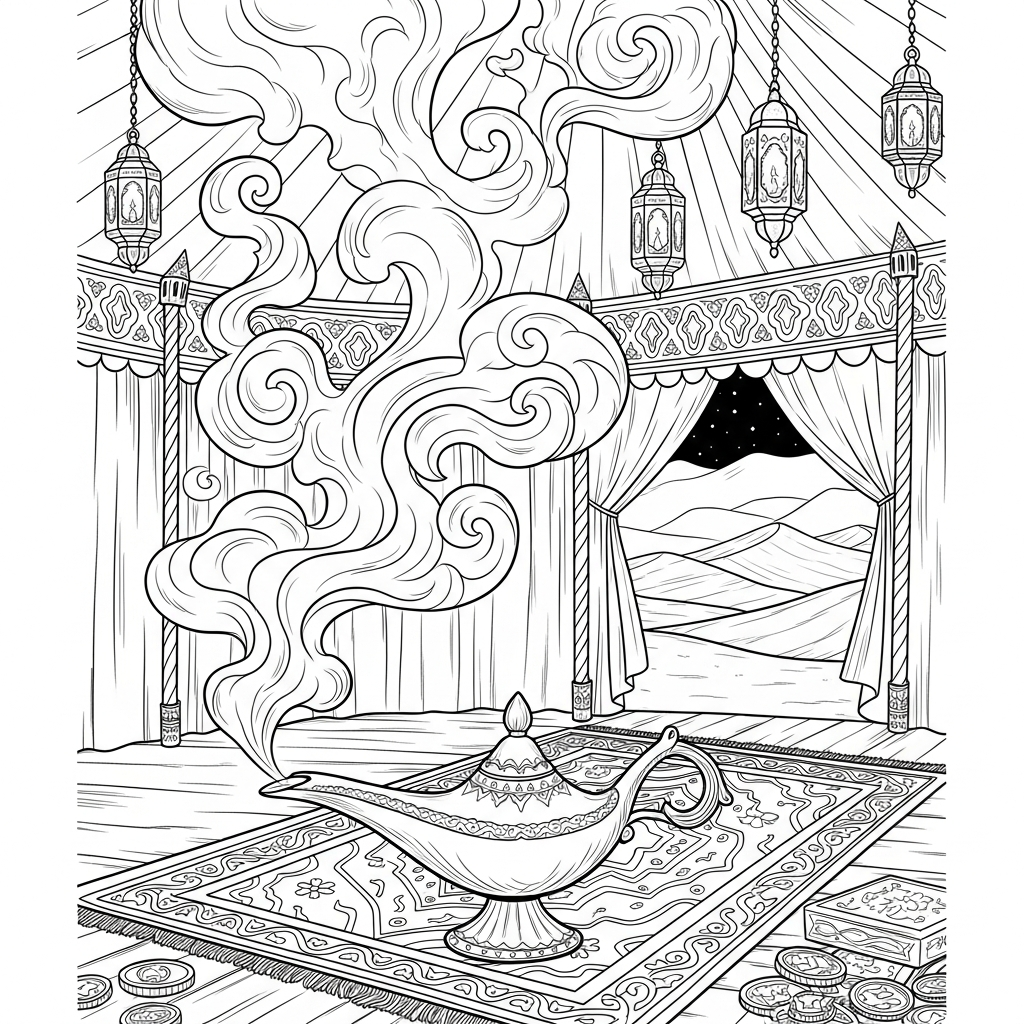 Intricate Magic Lamp Coloring Page with Swirling Smoke coloring page printable
