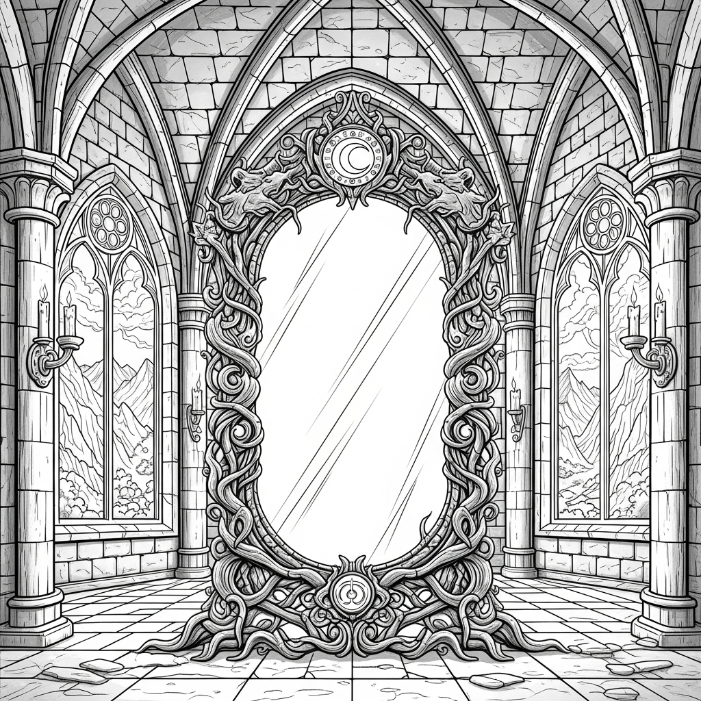Páginas para Colorir de Espelho Mágico Realista Difícil em Castelo Encantado coloring page printable