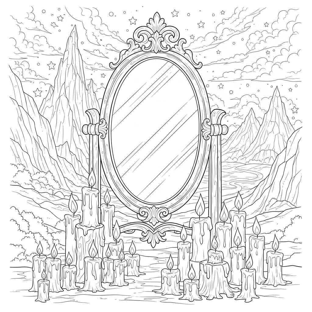 Moeilijke Realistische Tovenaars Spiegel Omgeven door Kaarsen Kleurplaat coloring page printable