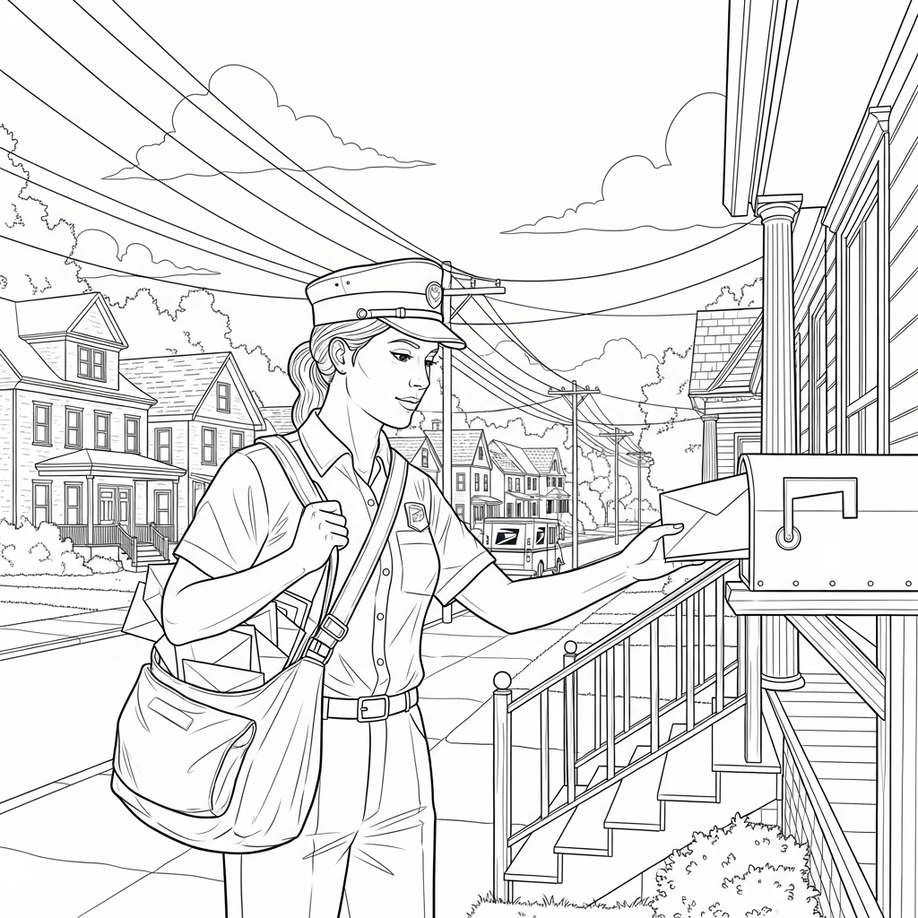 Schwierige Realistische Postbote an einer Häuserreihe Ausmalbild coloring page printable