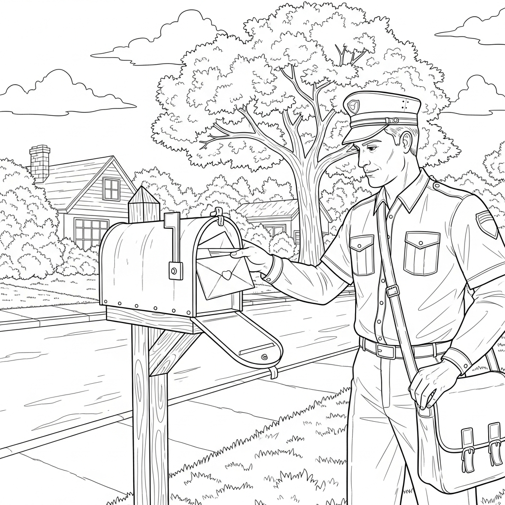 Pagina da Colorare: Postino Realistico che Inserisce Posta nella Cassetta coloring page printable