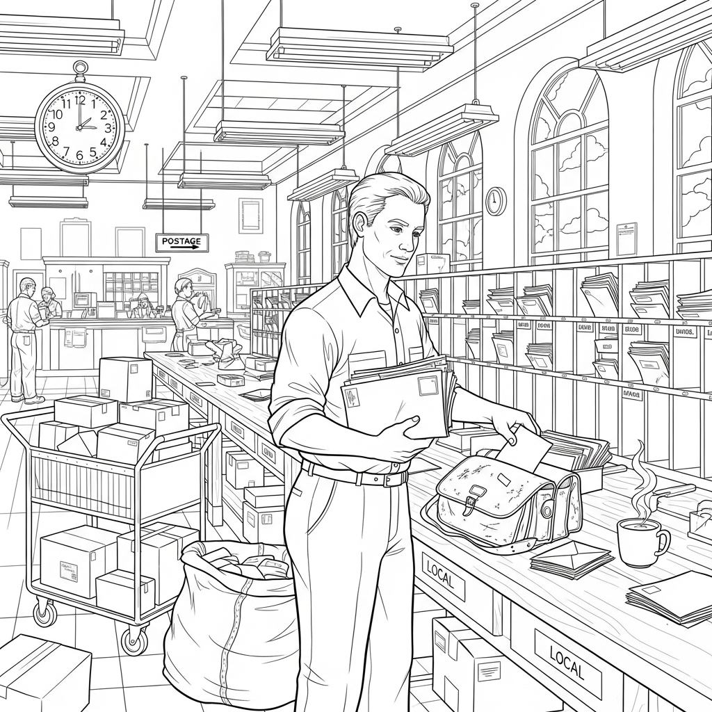 Página Para Colorear de Cartero Realista Clasificando Correspondencia en una Oficina de Correos coloring page printable