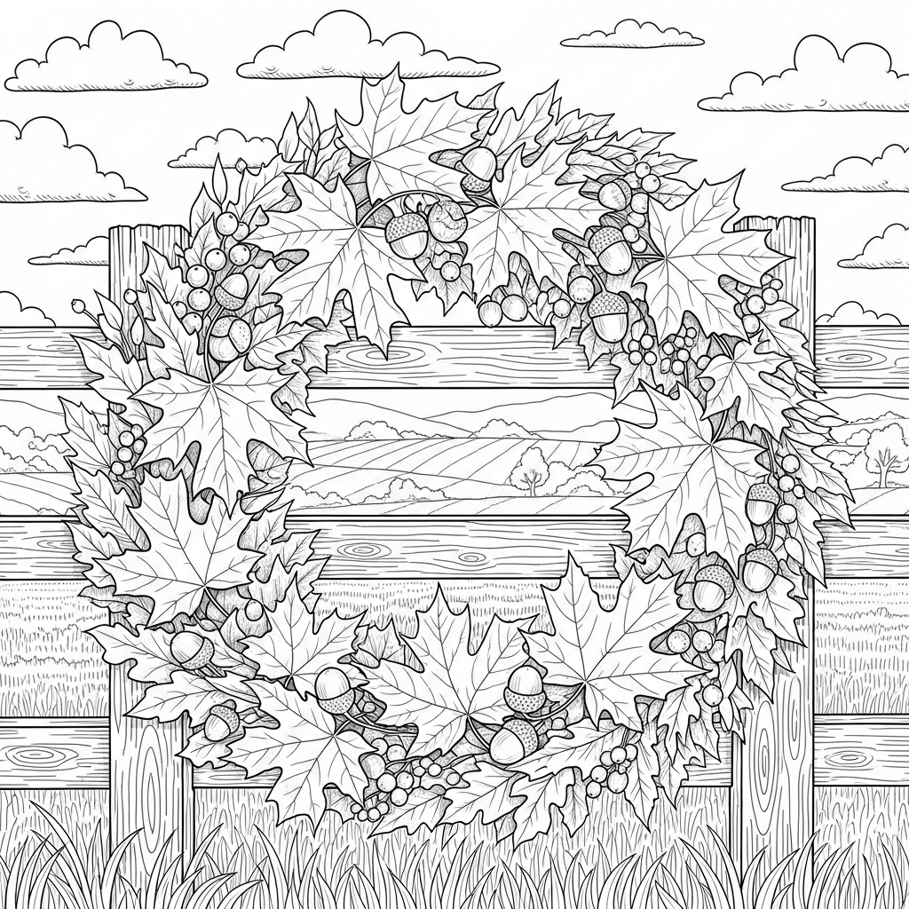 Coroa de Folhas de Bordo Realistas Difíceis com Bolotas e Frutas para Colorir coloring page printable