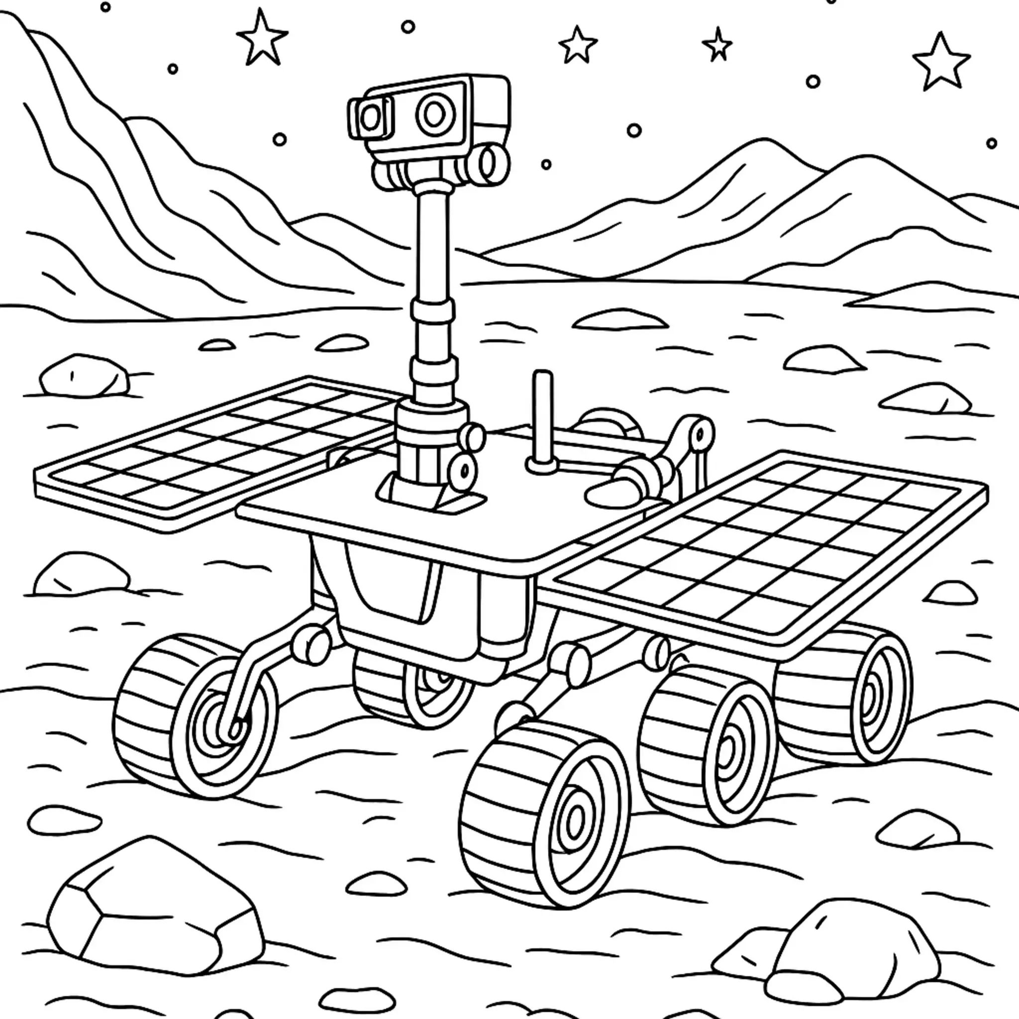 Schwierigkeitsgrad: Realistisches Mars-Rover mit Solarpanelen Malvorlage coloring page printable