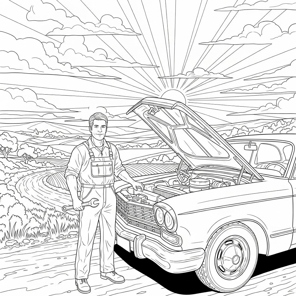 Page de Coloriage Mécanicien Réaliste à Côté d'une Voiture Vintage coloring page printable