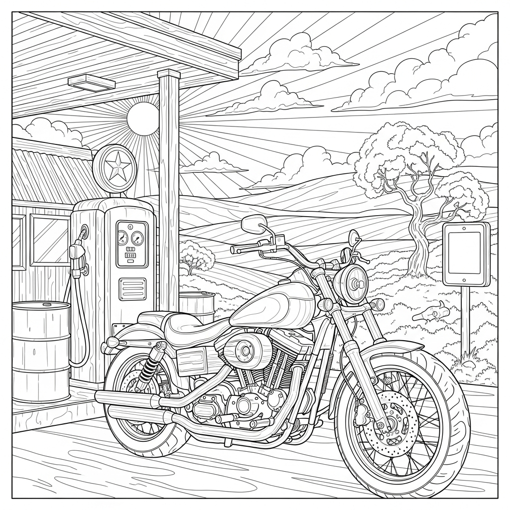 Moeilijke Realistische Motorfiets Bij Tankstation Kleurplaat coloring page printable