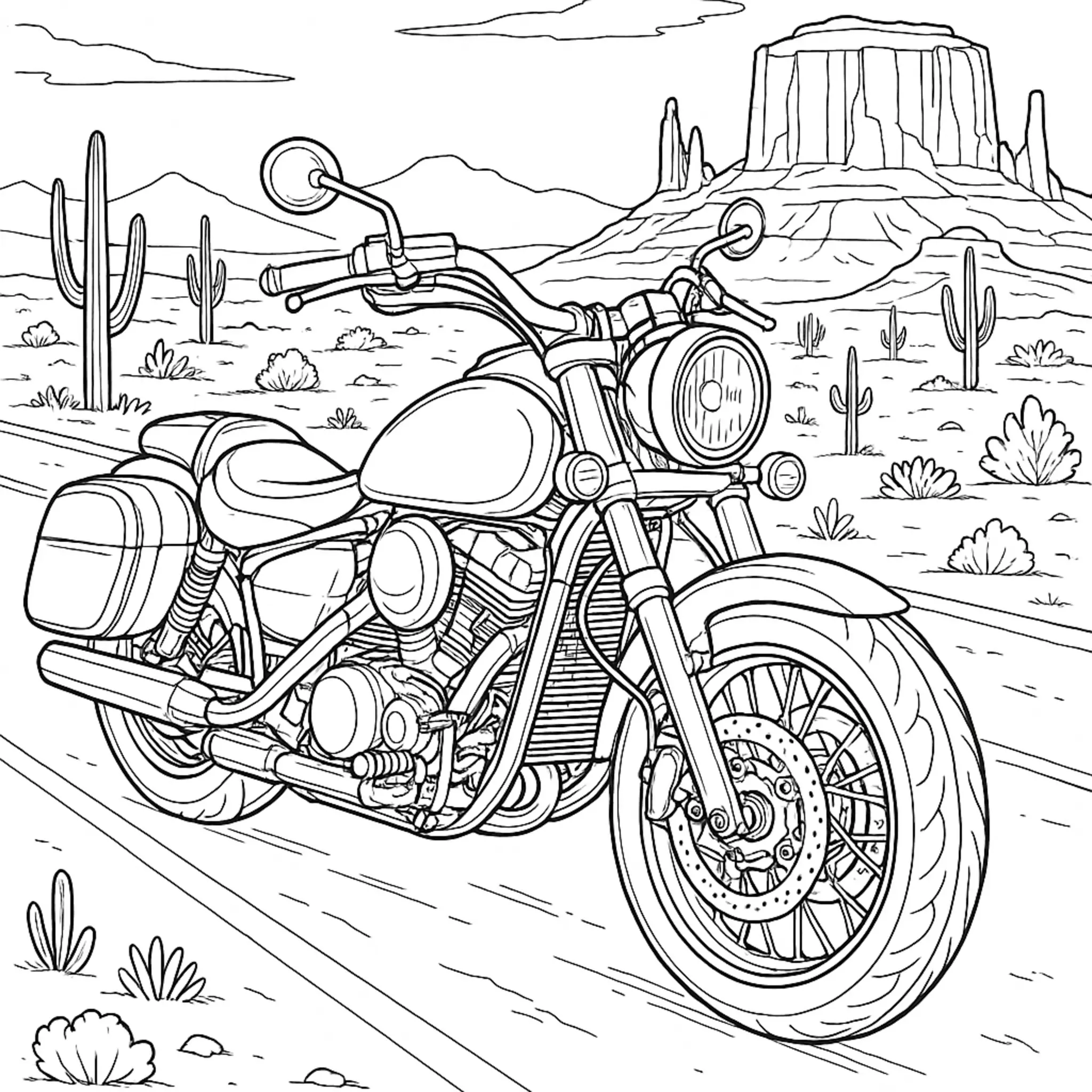 Colora e Stampa: Moto Realistica che Attraversa un'Autostrada nel Deserto coloring page printable