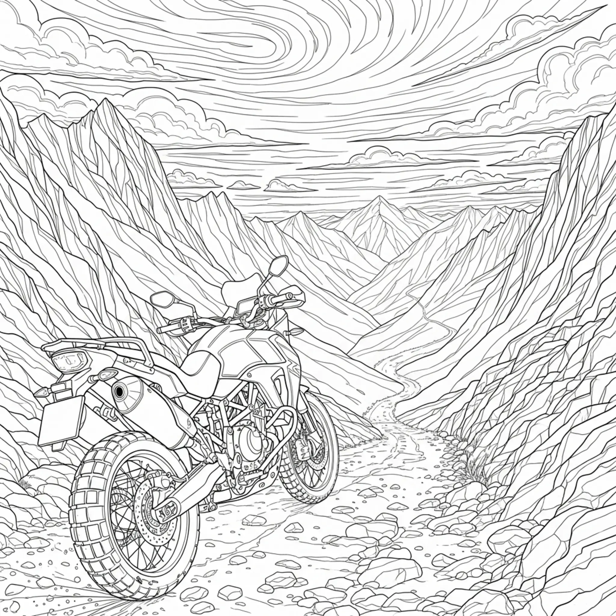 Página para Colorir: Moto Realista Difícil em Trilha de Montanha coloring page printable
