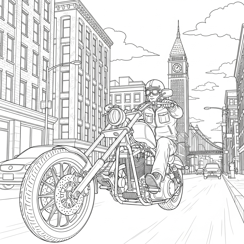 Challenging Realistic Motorcycle Coloring Page for City Streets coloring page printable