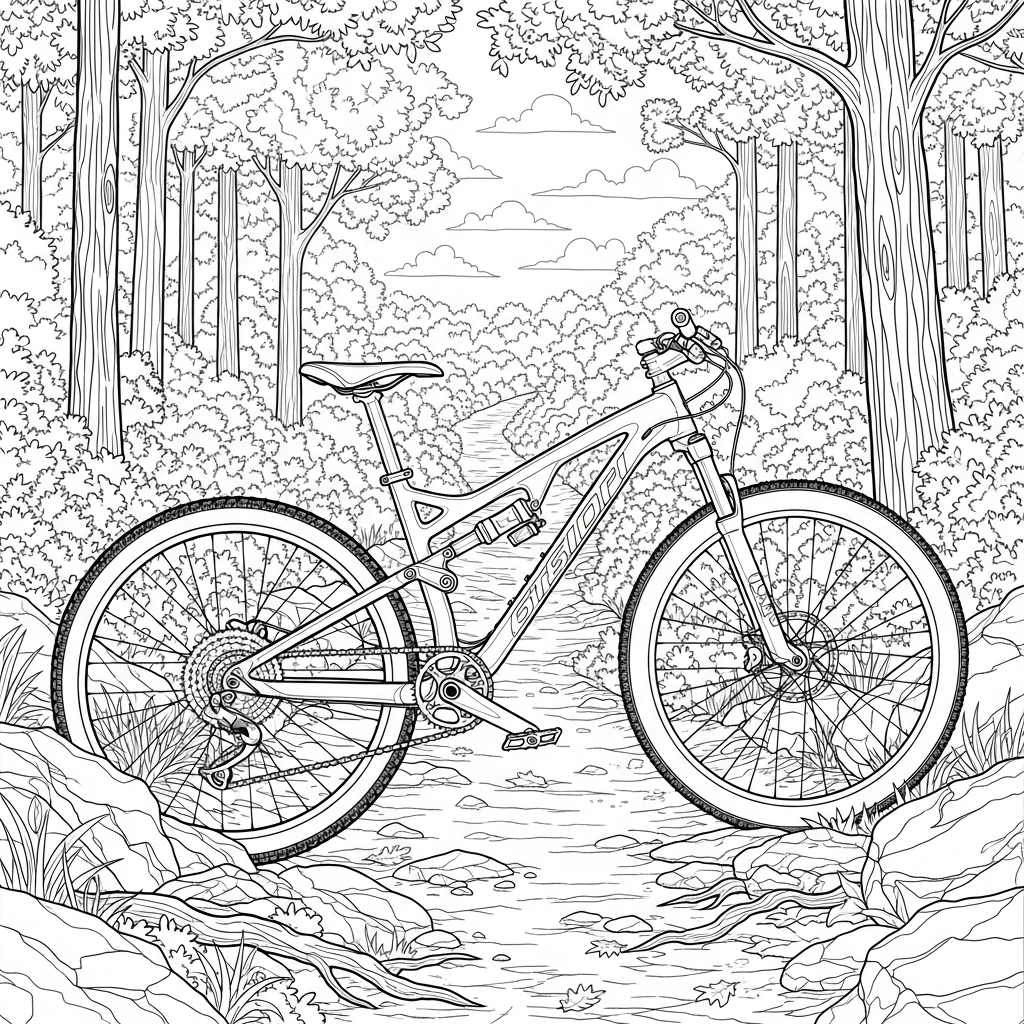 Página para Colorear de Bicicleta de Montaña Realista en Sendero Forestal coloring page printable