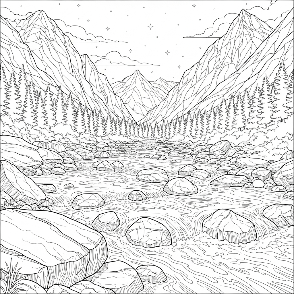 Página para Colorir de Rio de Montanha Realista Difícil coloring page printable