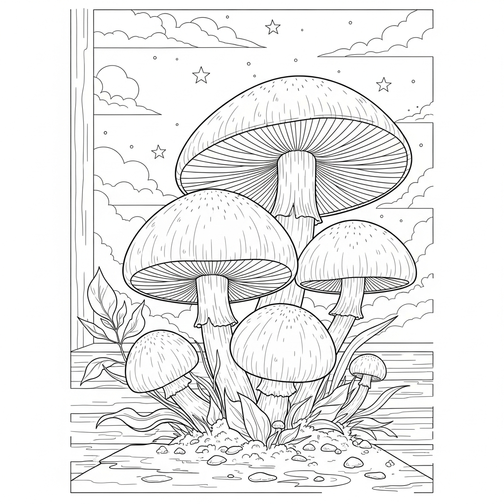 Disegno da Colorare: Gruppo di Funghi Realistici in un Giardino Fatato coloring page printable