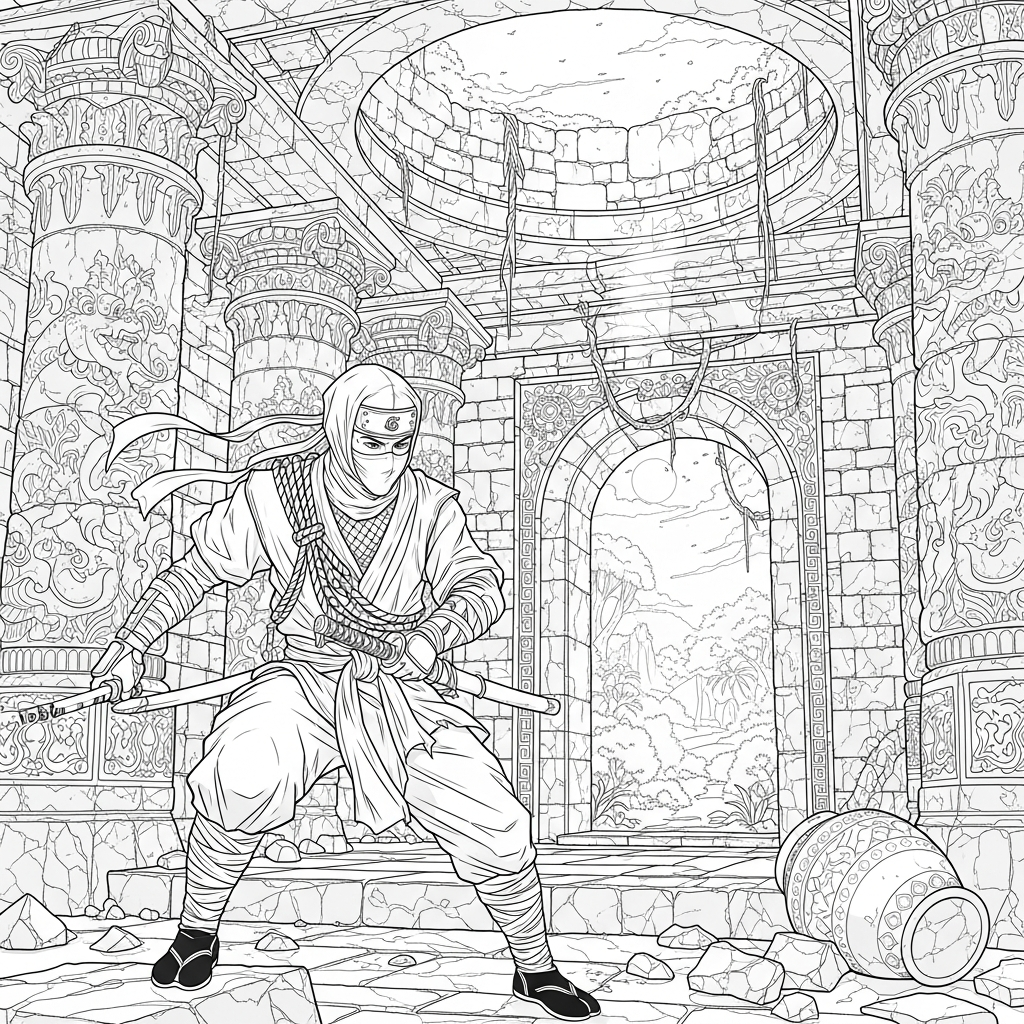 Challenging Ninja in an Ancient Temple Coloring Page coloring page printable