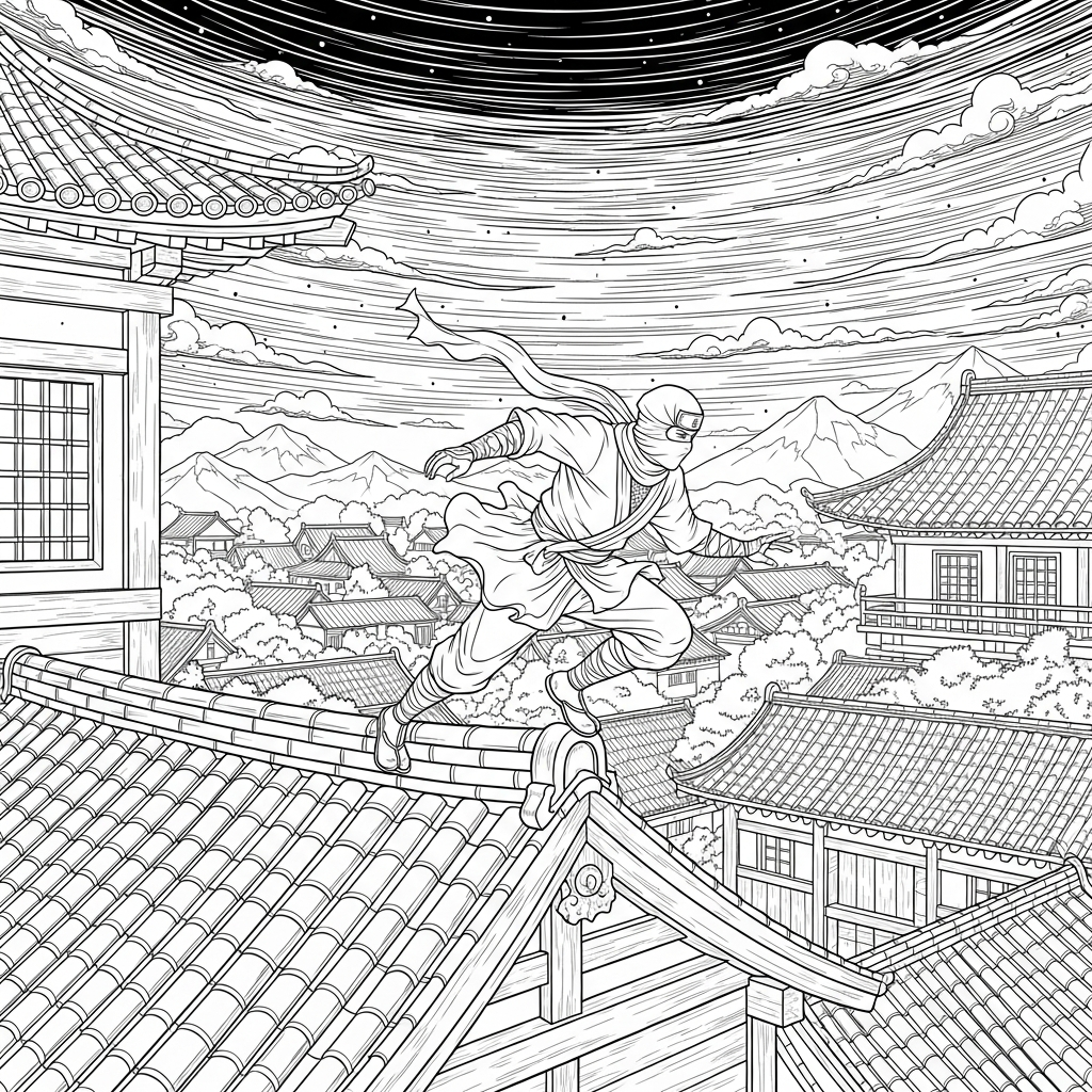 Challenging Ninja Rooftop Runner Coloring Page coloring page printable