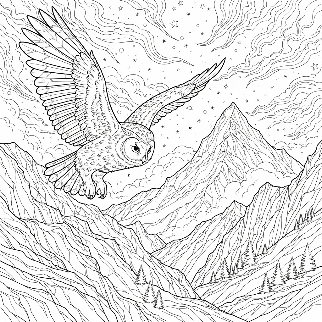 Moeilijke Realistische Kleurplaat van een Uil die Over Bergen Vliegt coloring page printable
