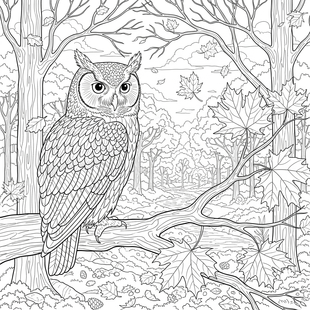 Schwierige Realistische Eule im Herbstwald Ausmalbild coloring page printable