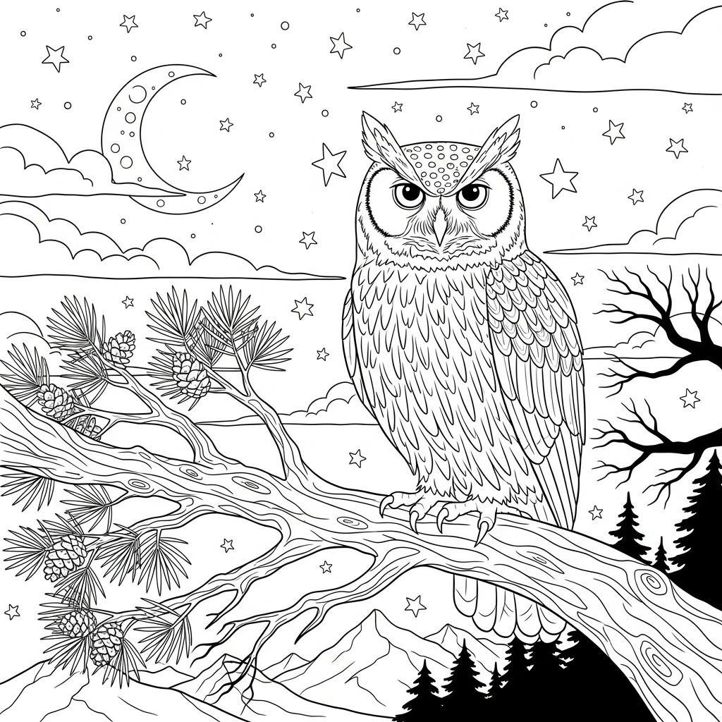 Schwierige Realistische Eule Auf Baumast Ausmalbild coloring page printable