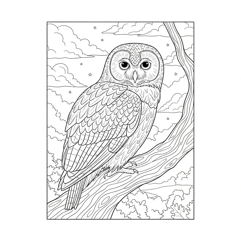 Gufo Realistico Difficile Riposante Su Un Vecchio Quercia Pagina Da Colorare coloring page printable