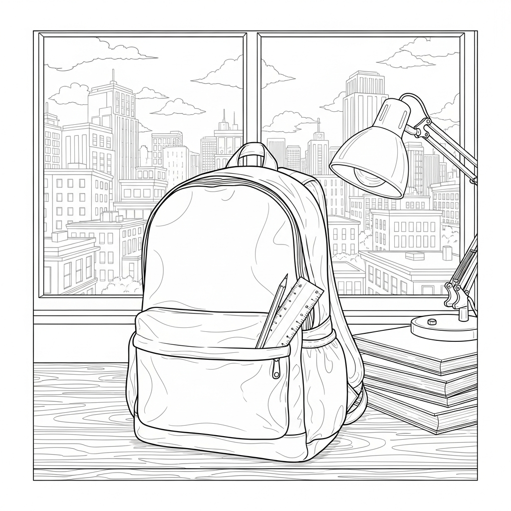 Realistic Pencil and Ruler in Backpack Coloring Page coloring page printable