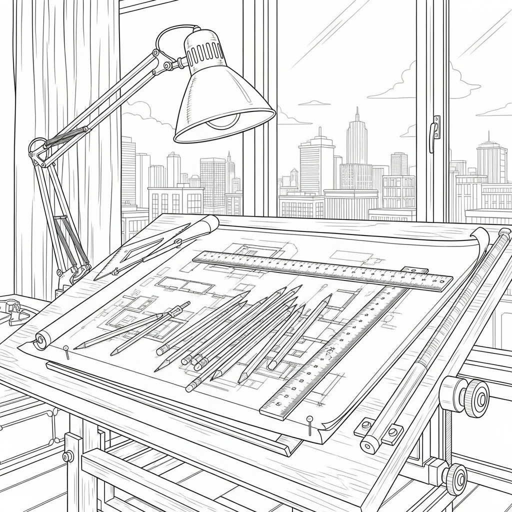 Página para Colorear de Lápiz y Regla Realistas en una Mesa de Dibujo coloring page printable