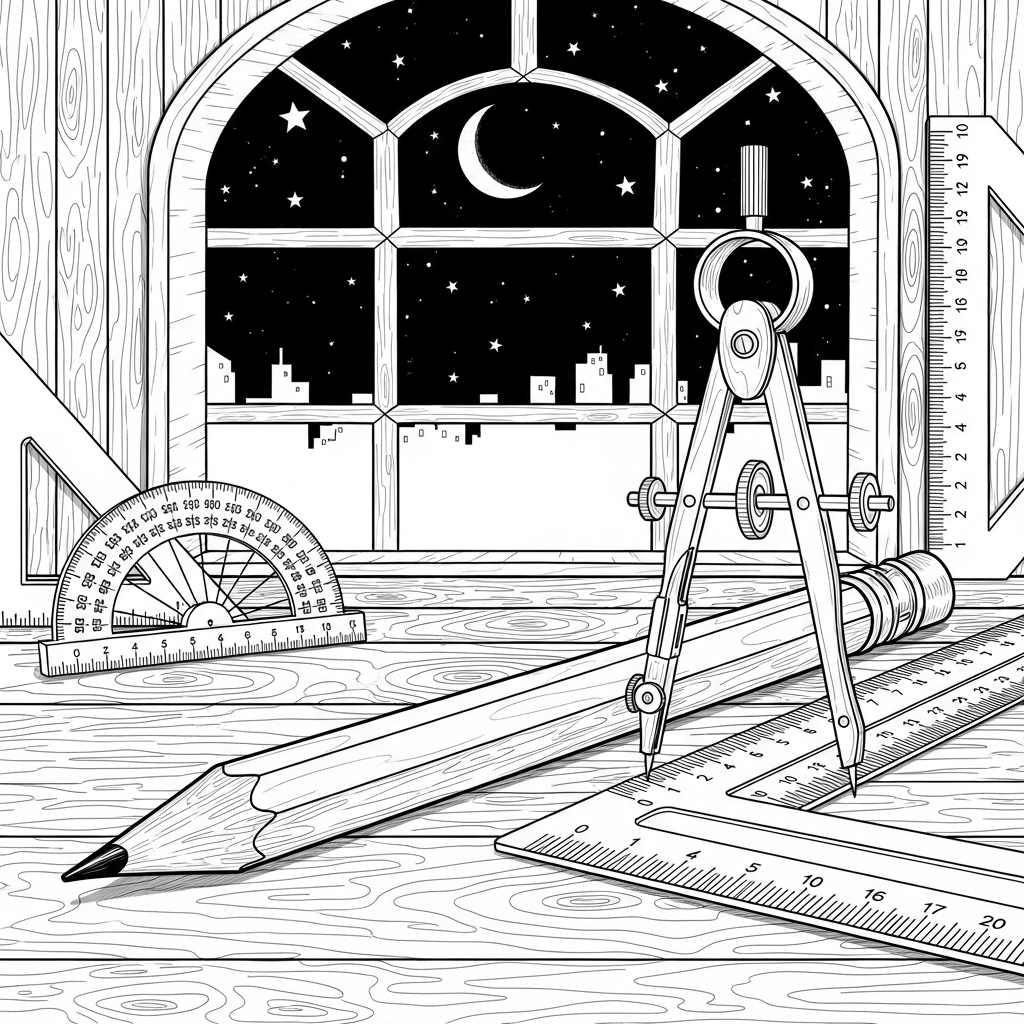 Página para Colorear de Lápiz Realista y Regla con Compás | Disfruta de tu Tiempo Creativo coloring page printable