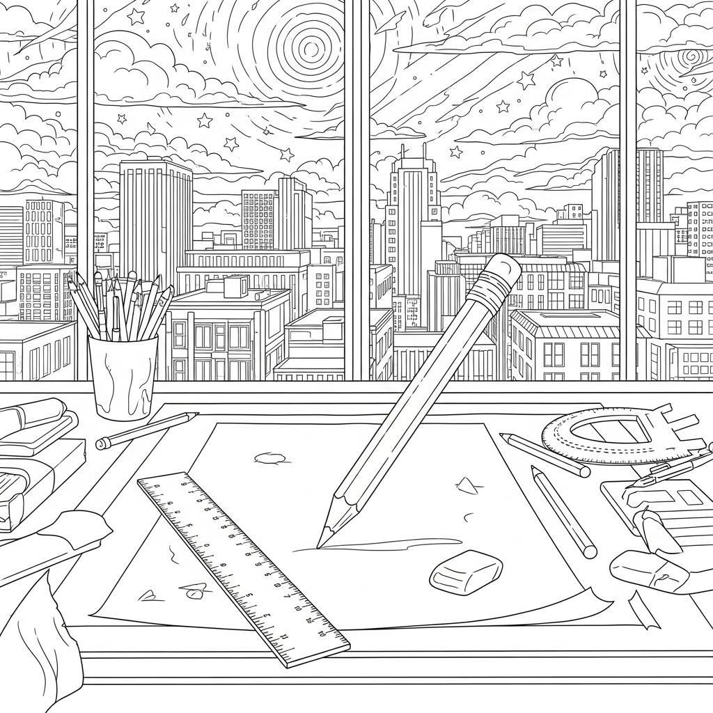 Página de Colorir: Lápis e Régua Realistas com Folha de Papel coloring page printable