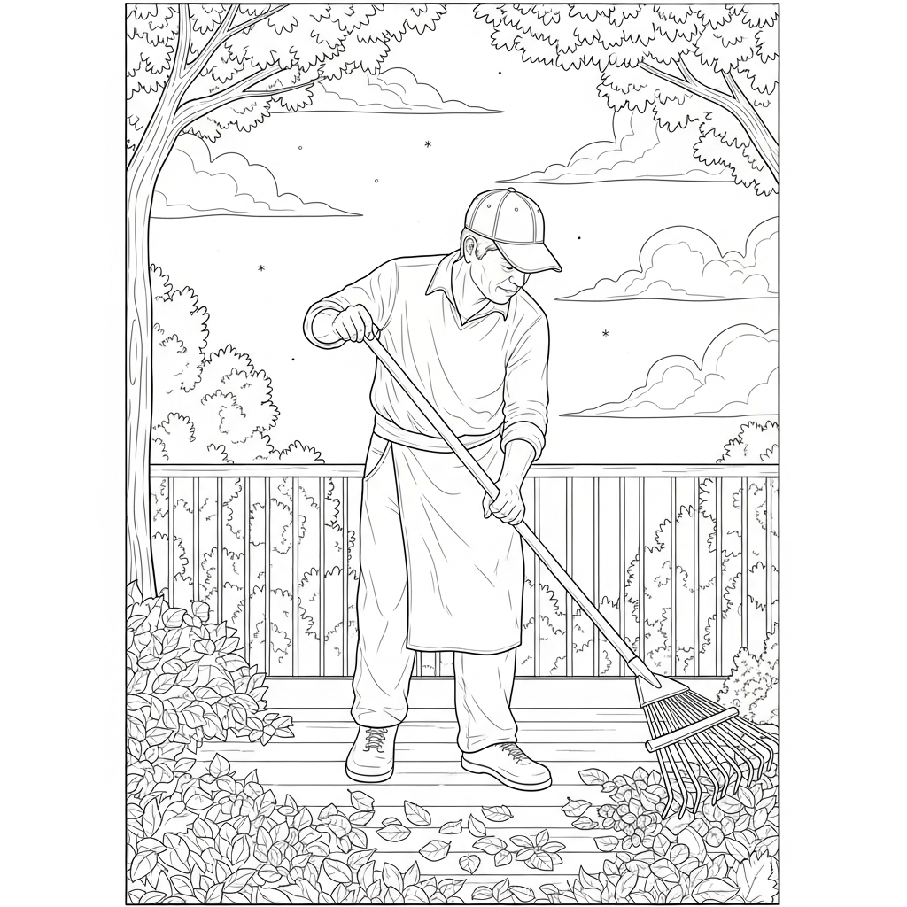 Página para Colorir: Pessoa Realista Ralando Folhas Sob Árvores coloring page printable