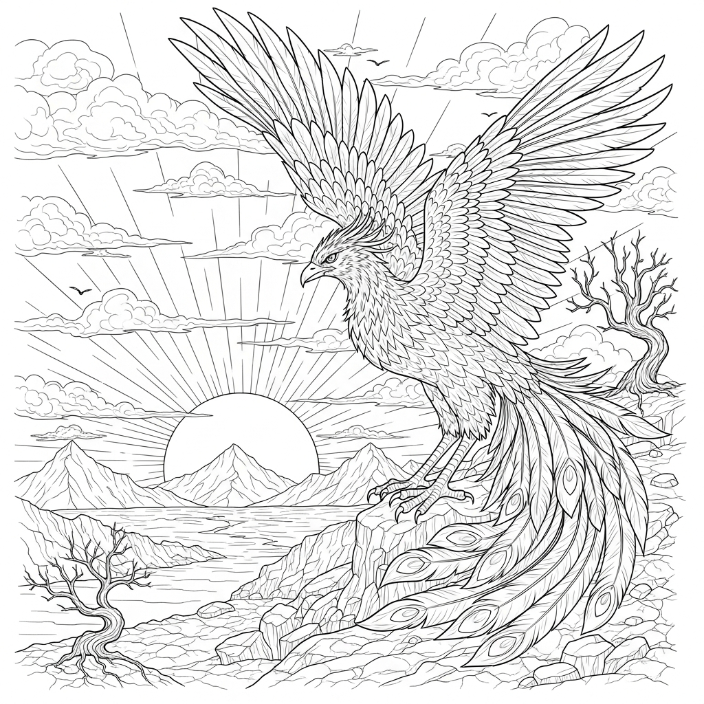 Schwierige realistische Phoenix-Ausmalbild neben einem Sonnenuntergang-Horizont coloring page printable