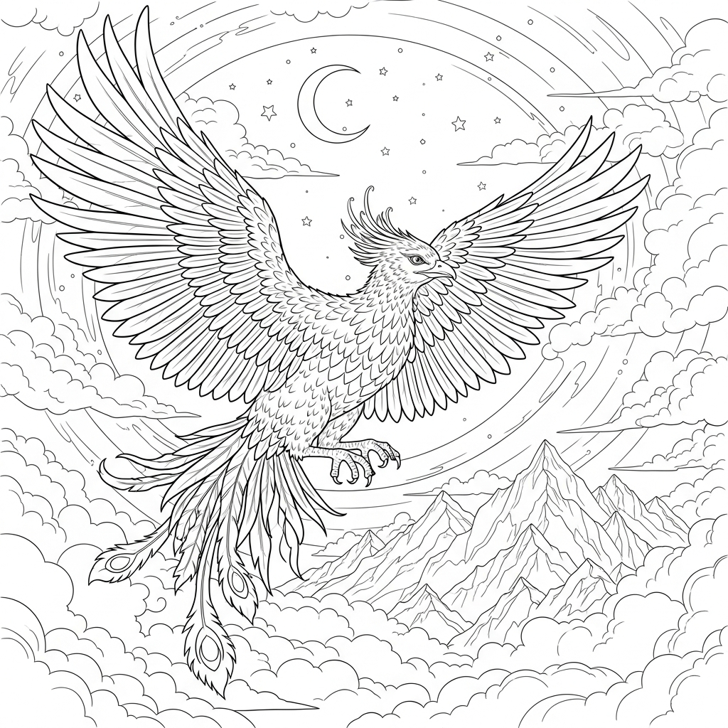 Colorare la Fenice Realistica con Ali Aperte coloring page printable