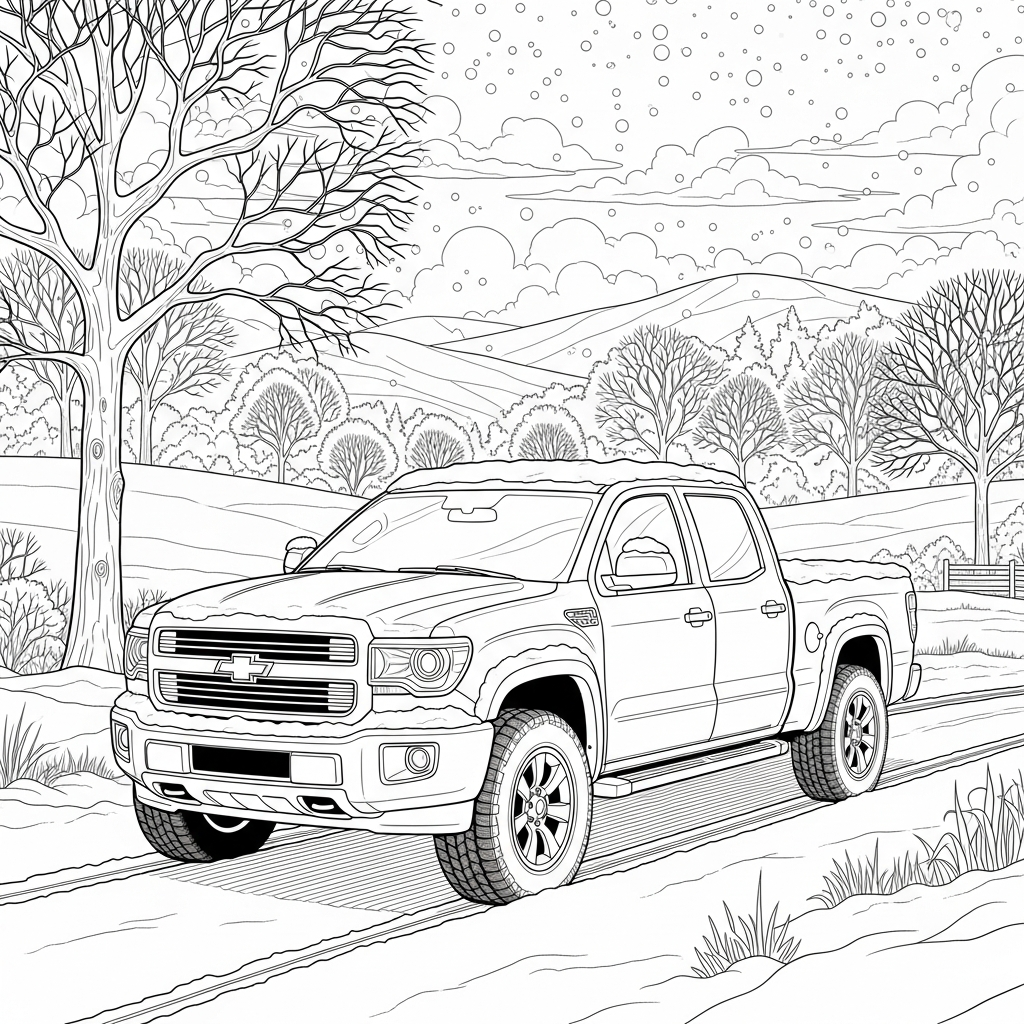 Realistische Pickuptruck in Sneeuwlandschap Kleurplaat coloring page printable