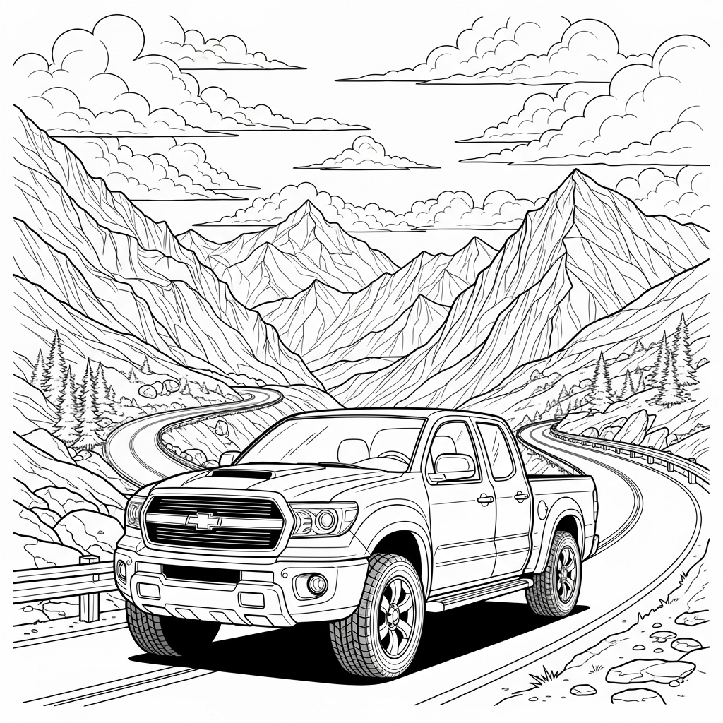 Realistic Pickup Truck Coloring Page on a Mountain Road coloring page printable