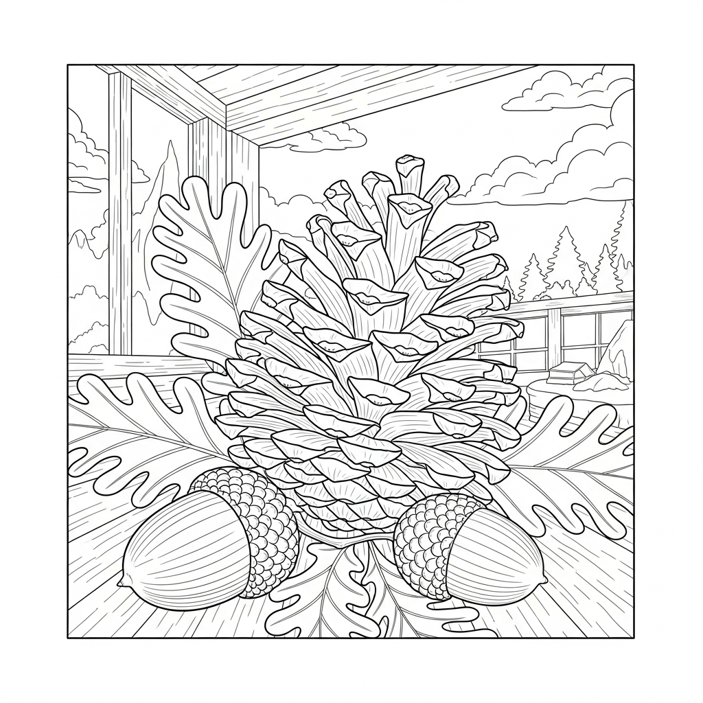 Pagina da Colorare: Pigna e Ghiande Realistiche Difficili coloring page printable