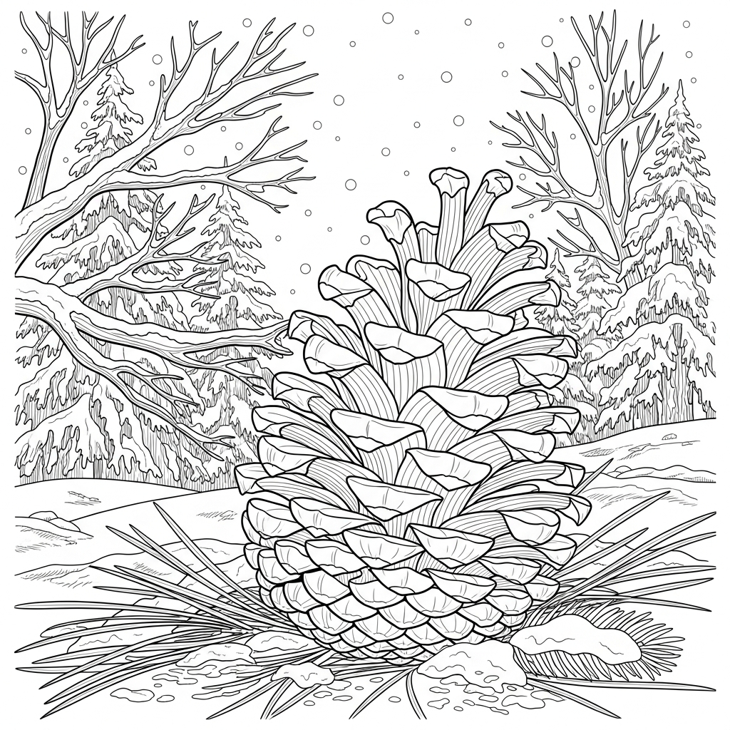 Pagina da Colorare: Pigna Realistica nelle Foreste Nevicose coloring page printable